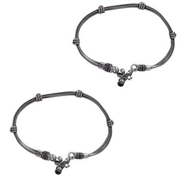Delicate silver-plated oxidised anklets with chain and ghungroo accents 3
