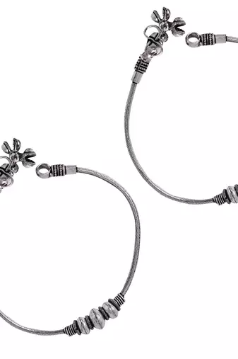 Silver-plated oxidised anklets with rawa work and ghungroo details