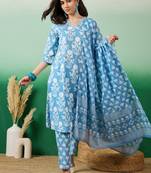 Blue embroidered cotton v neck kurta sets