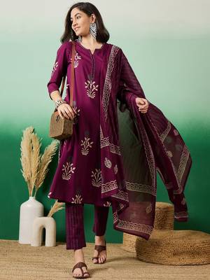 Wine embroidered cotton round neck kurta sets 1