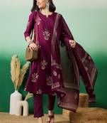 Wine embroidered cotton round neck kurta sets