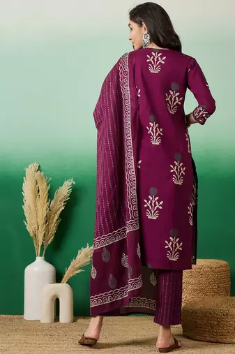 Wine embroidered cotton round neck kurta sets