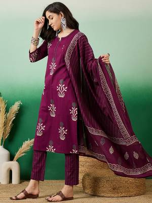 Wine embroidered cotton round neck kurta sets 3