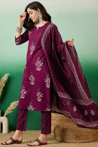 Wine embroidered cotton round neck kurta sets