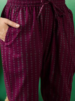 Wine embroidered cotton round neck kurta sets 4