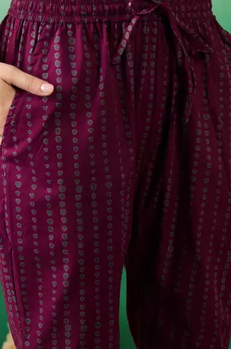 Wine embroidered cotton round neck kurta sets