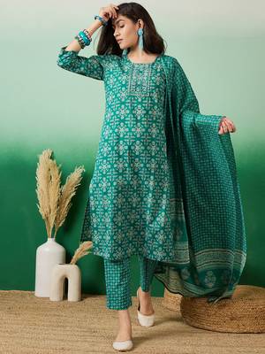 Light green embroidered cotton round neck kurta sets 1