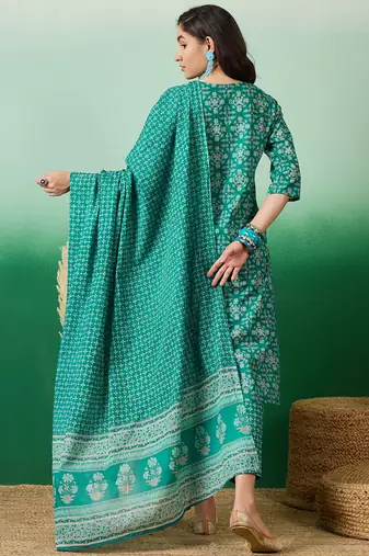 Light green embroidered cotton round neck kurta sets