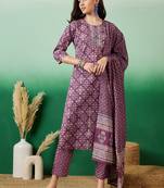 Purple embroidered cotton round neck kurta sets