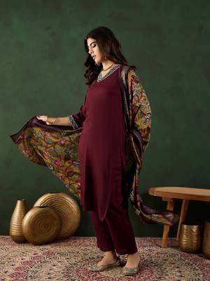 Maroon plain viscose v neck kurta sets 3