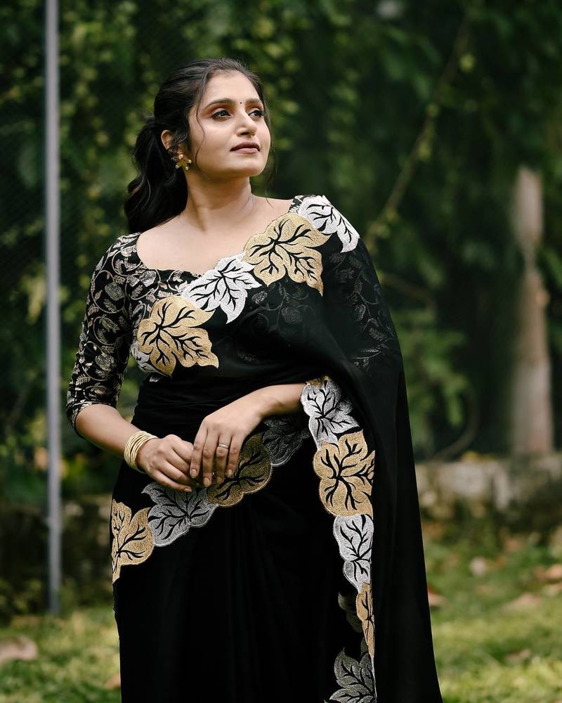 Black Colour Satin Chiffon Silk Embroidery Work Saree