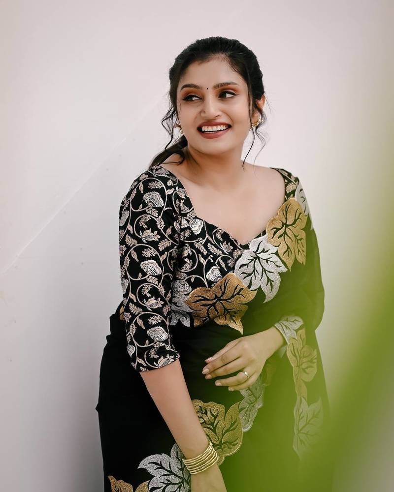 Black Colour Satin Chiffon Silk Embroidery Work Saree