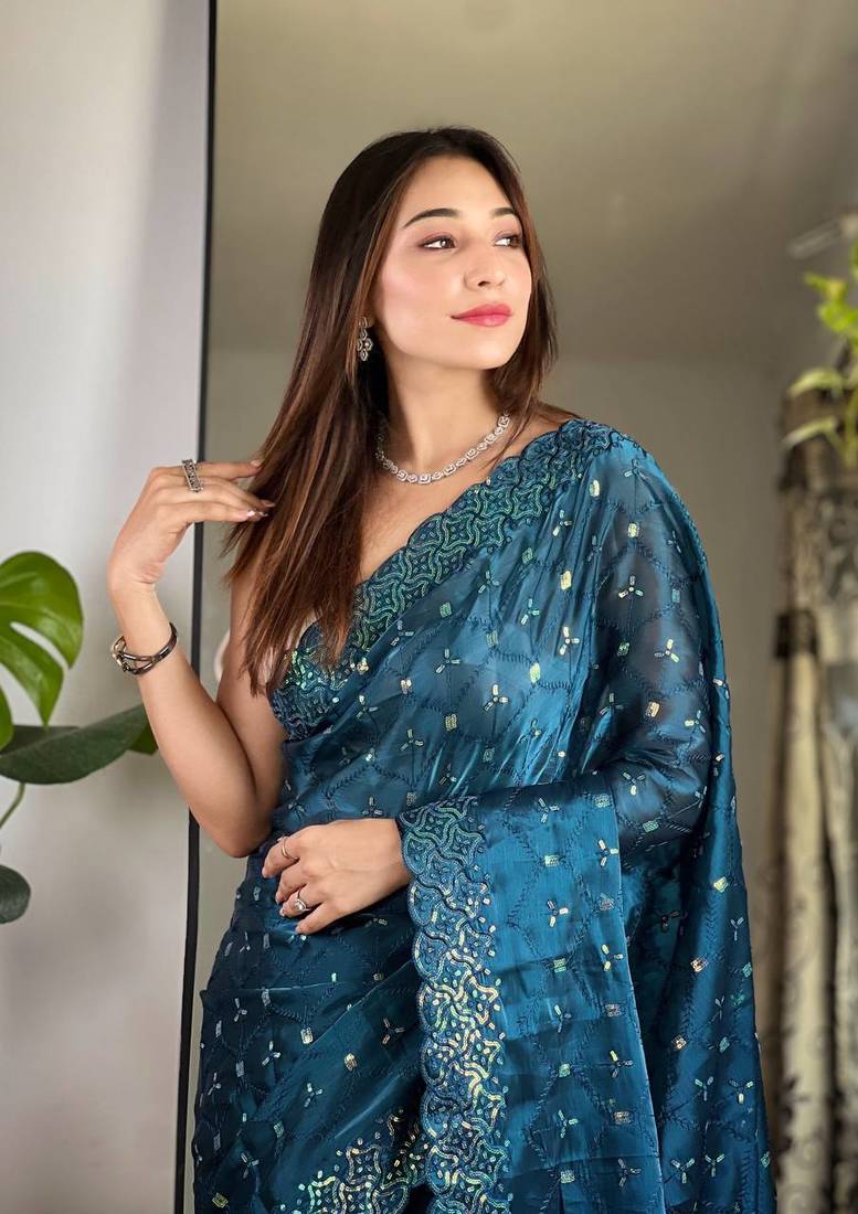 Teal Colour Zimichhu Silk Heavy Work Saree