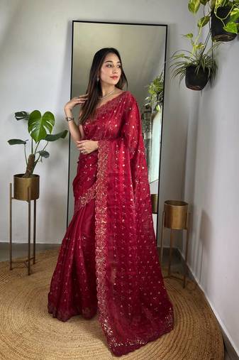 Maroon Colour Zimichhu Silk Heavy Work Saree