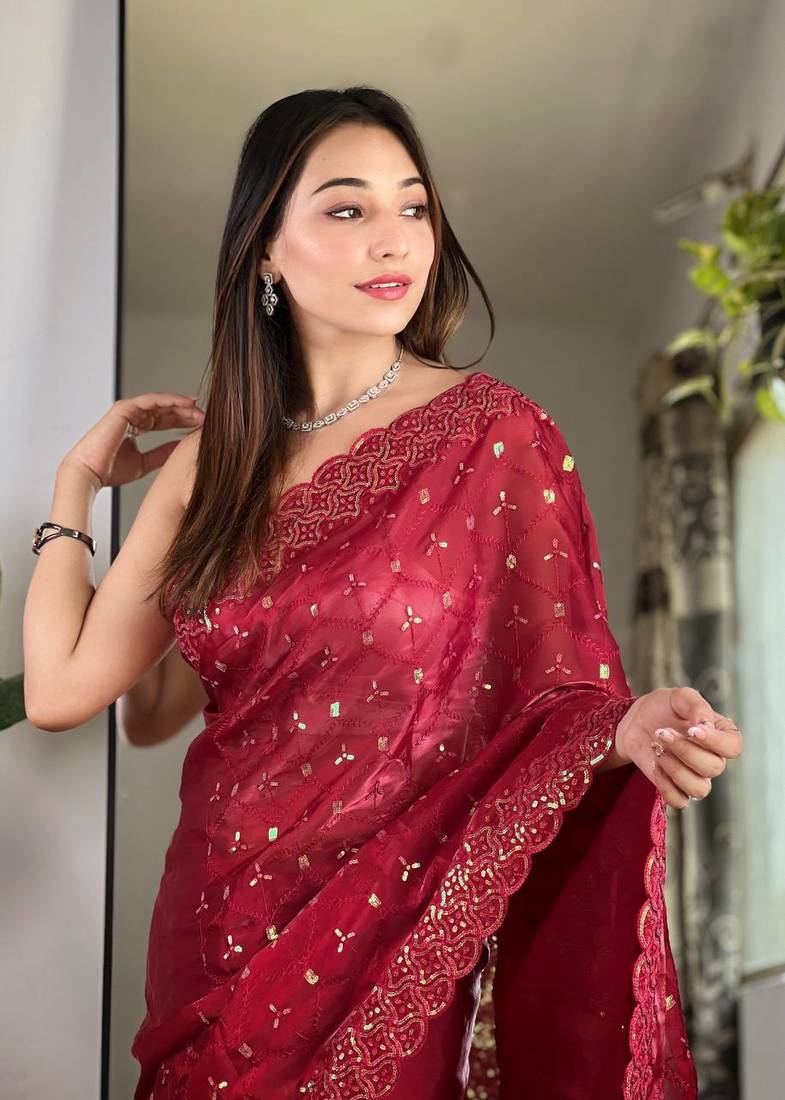 Maroon Colour Zimichhu Silk Heavy Work Saree