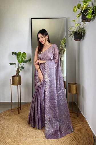 Lavender Colour Zimichhu Silk Heavy Work Saree