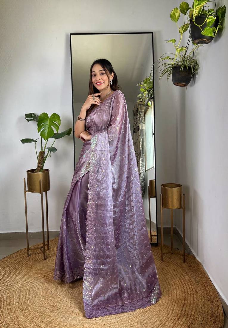 Lavender Colour Zimichhu Silk Heavy Work Saree