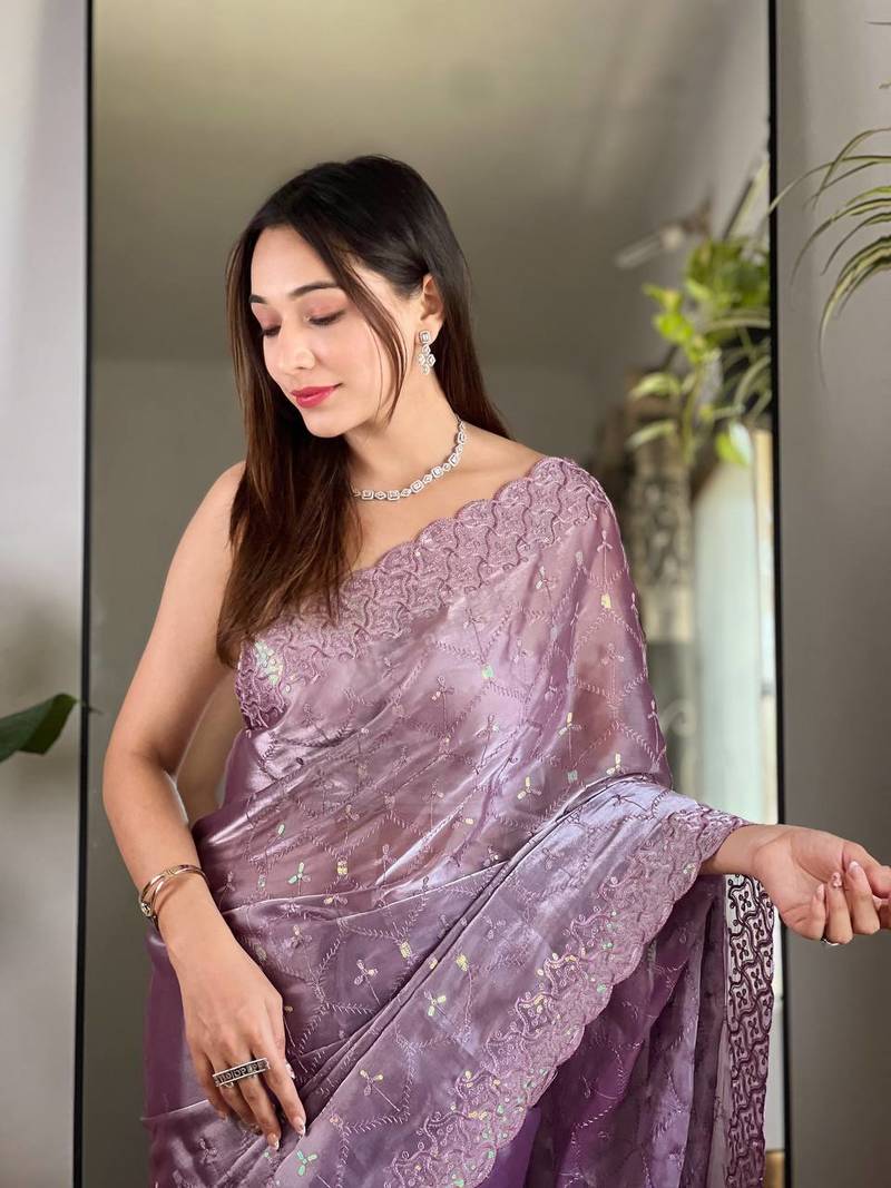 Lavender Colour Zimichhu Silk Heavy Work Saree