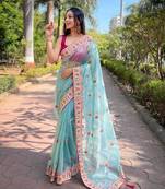 Sky Colour Twil Net Thread Work Saree