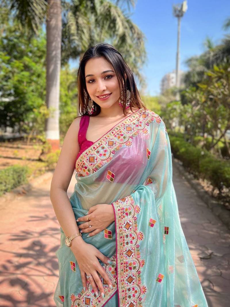 Sky Colour Twil Net Thread Work Saree