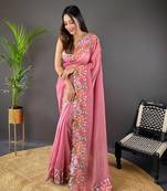 Peach Colour Soft Glosy Silk Thread Work Saree