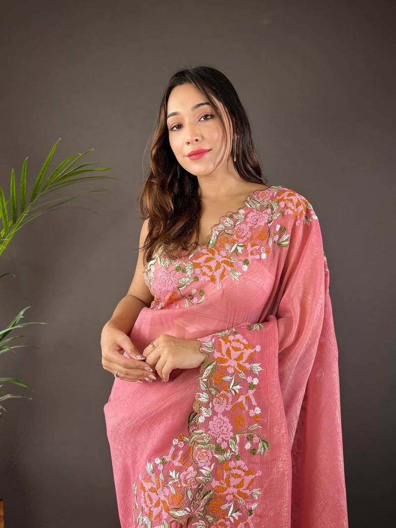 Peach Colour Soft Glosy Silk Thread Work Saree