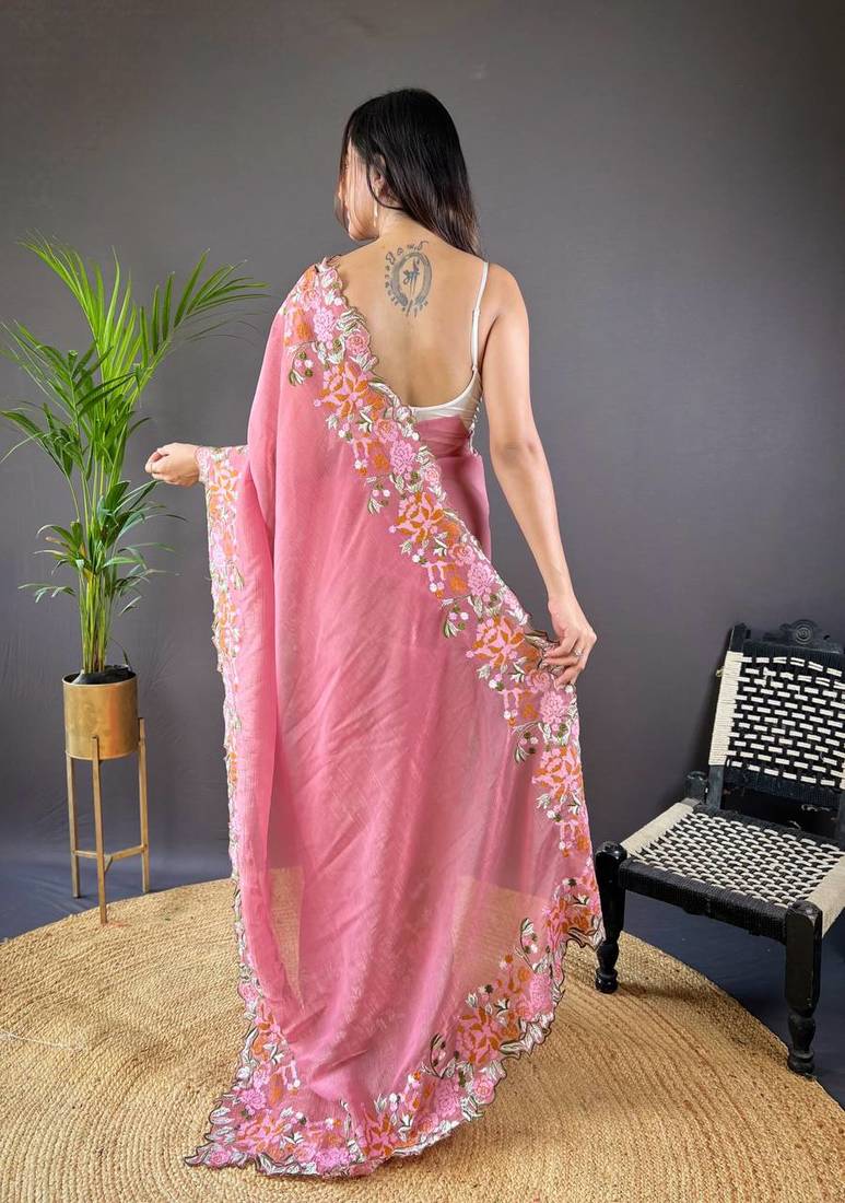 Peach Colour Soft Glosy Silk Thread Work Saree