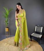 Olive Art Silk Thread Work Saree