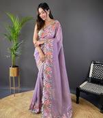 Onion Colour Soft Glosy Silk Thread Work Saree