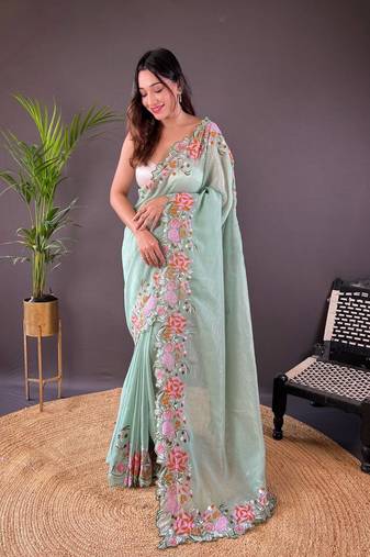 Mint Green Colour Soft Glosy Silk Thread Work Saree