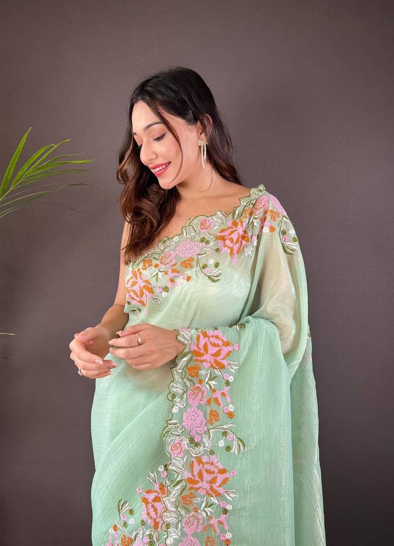 Mint Green Colour Soft Glosy Silk Thread Work Saree