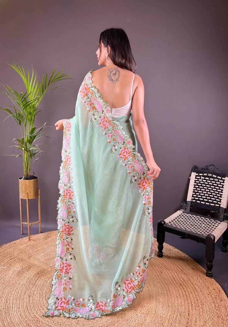 Mint Green Colour Soft Glosy Silk Thread Work Saree
