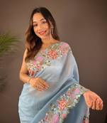 Sky Blue Colour Soft Glosy Silk Thread Work Saree
