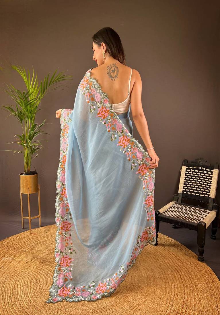 Sky Blue Colour Soft Glosy Silk Thread Work Saree