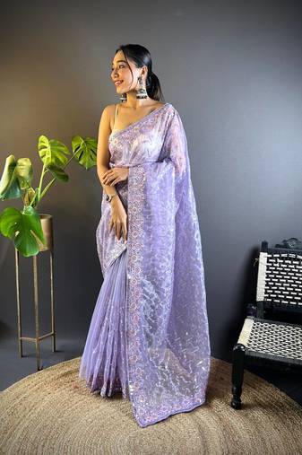 Lavender Colour Designer Twill Net Embroidery Work Saree