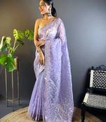 Lavender Colour Designer Twill Net Embroidery Work Saree