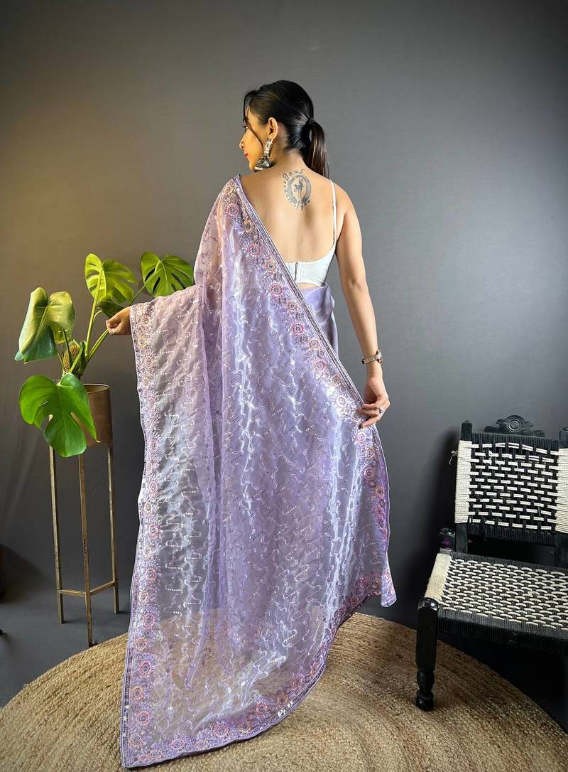 Lavender Colour Designer Twill Net Embroidery Work Saree
