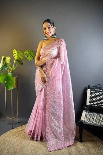 Baby Pink Colour Designer Twill Net Embroidery Work Saree