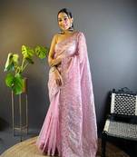 Baby Pink Colour Designer Twill Net Embroidery Work Saree