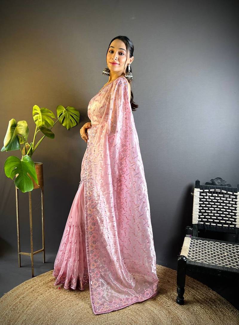 Baby Pink Colour Designer Twill Net Embroidery Work Saree