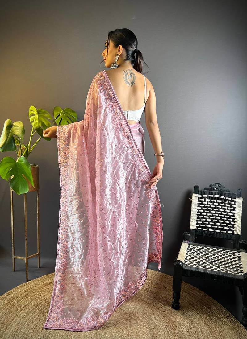 Baby Pink Colour Designer Twill Net Embroidery Work Saree