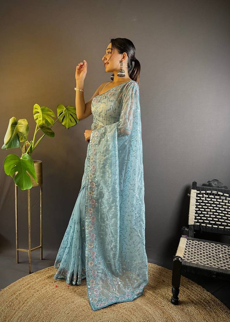 Sky Blue Colour Designer Twill Net Embroidery Work Saree