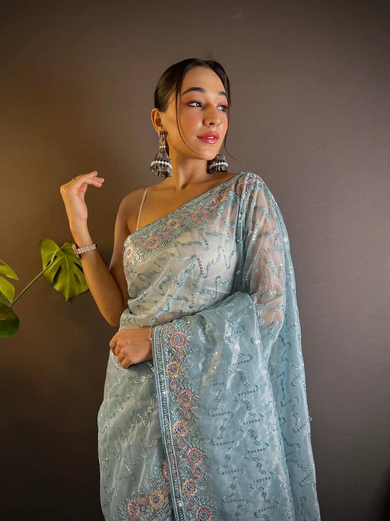 Sky Blue Colour Designer Twill Net Embroidery Work Saree