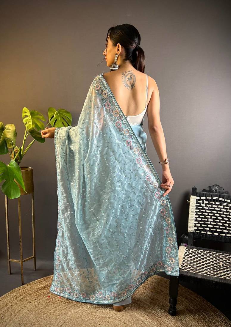 Sky Blue Colour Designer Twill Net Embroidery Work Saree