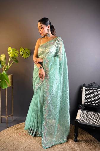 Turquoise Colour Designer Twill Net Embroidery Work Saree