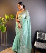 Turquoise Colour Designer Twill Net Embroidery Work Saree