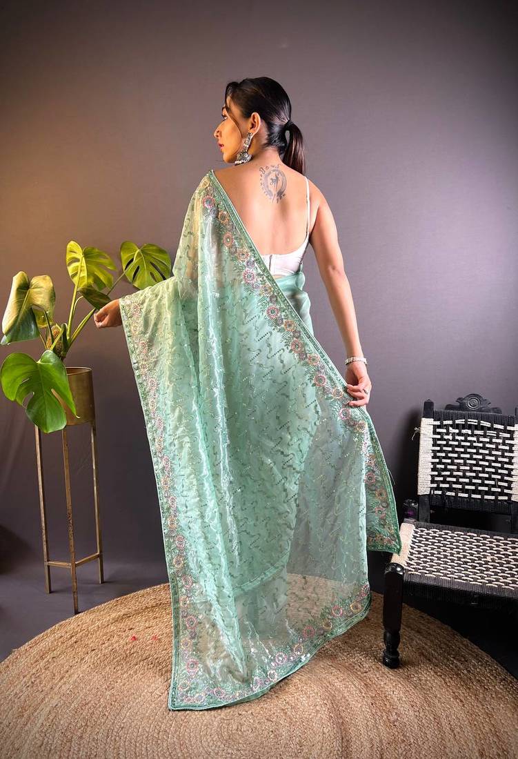 Turquoise Colour Designer Twill Net Embroidery Work Saree