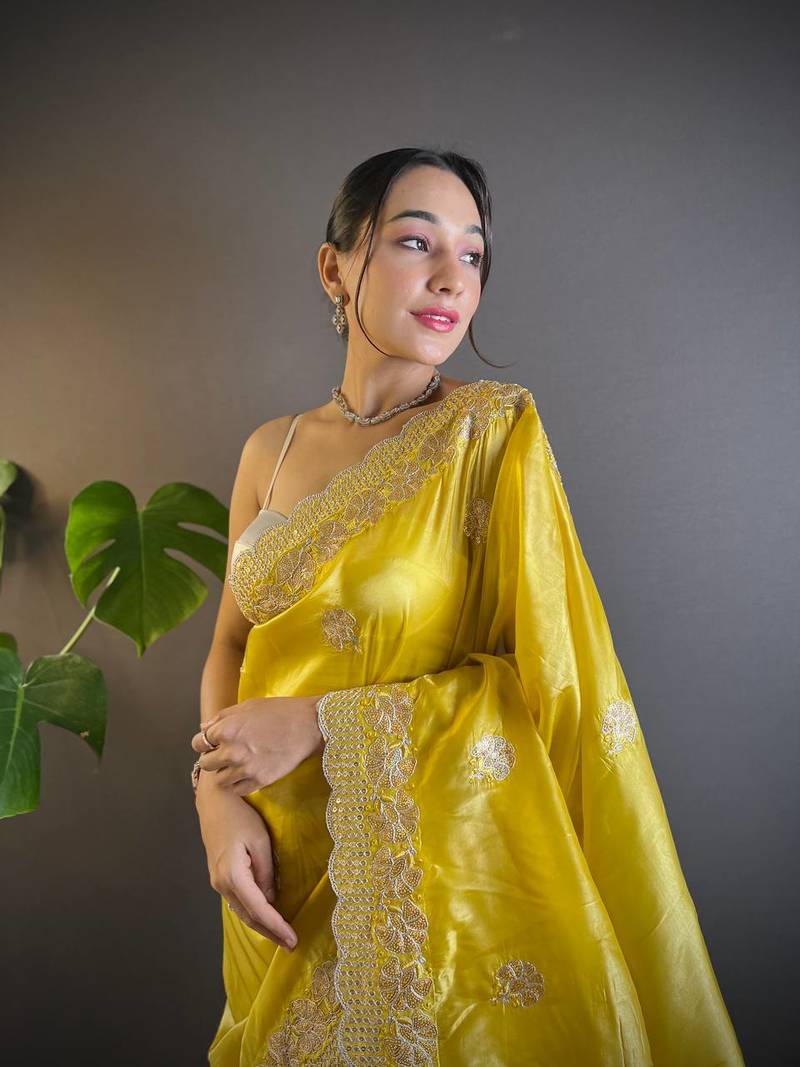 Lemon Yellow Colour Gold Crunchy Sequence Thread Work Saree