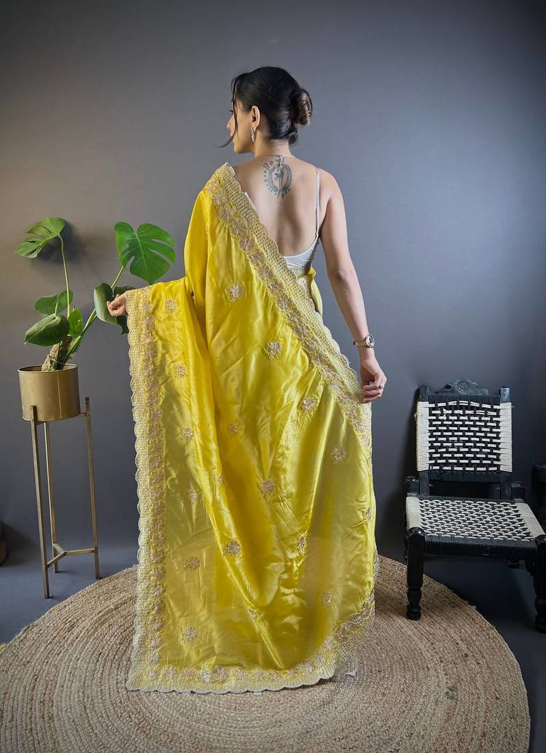 Lemon Yellow Colour Gold Crunchy Sequence Thread Work Saree
