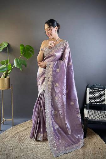 Onion Pink Colour Gold Crunchy Sequence Thread Work Saree